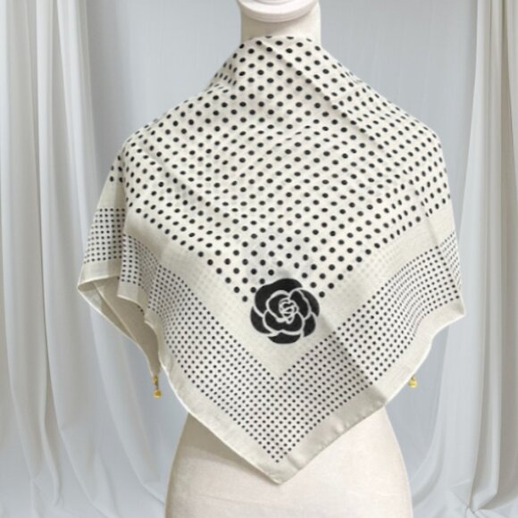 Elegant Women's White Scarf with Black Polka Dots and Floral Print - Picture 1 of 6